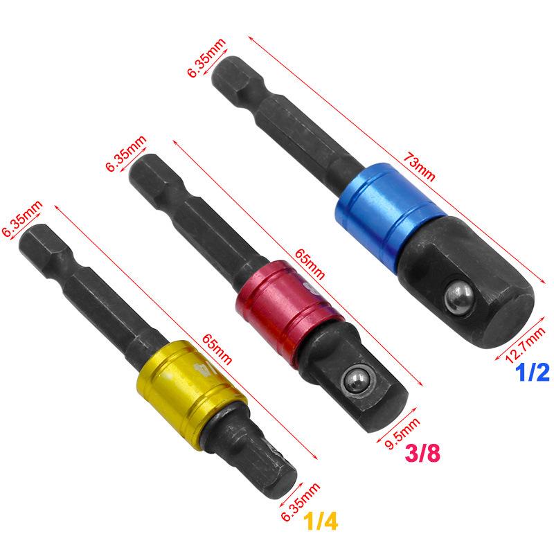 Black 3-Piece Air Impact Wrench Adapter Set: 1/2" Drive, 3/8" Socket, 1/4" Screwdriver with Colored Steel Ball Adapter Rod