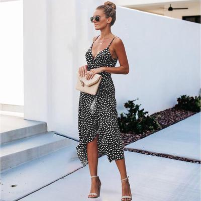 Γυναικείο φόρεμα με μεσαία μακριά κουκκίδα με λουράκι σπαγγέτι, σέξι V λαιμόκοψη, λεπτή