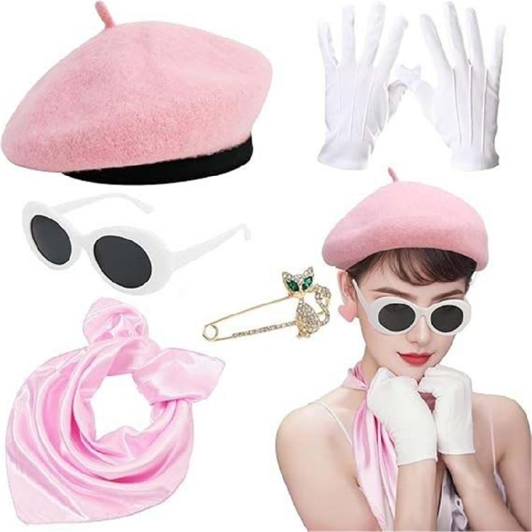 Francouzská kostýmová sada 80. let Francouzská žena Baret Klobouk Kostýmové doplňky Oválné sluneční brýle Šátek Rukavice
