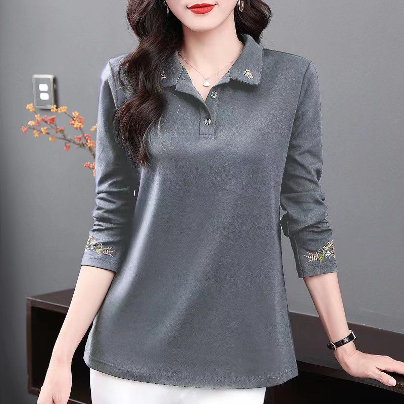 Women's Vintage Embroidery Polo Collar Elegant T-shirts Spring Autumn Korean Fashion Casual Long Sleeve Loose Tops Ropa De Mujer