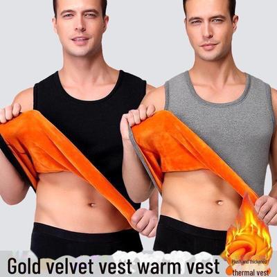Men's Gold Velvet Warm Vest - Plus Velvet, Thickened, Solid Color, Round Neck, Close-Fitting Bottoming Shirt