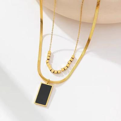 Titanstahl Doppelschichtiger Stapelbarer Quadratischer Anhänger Damen Design High-End Vielseitige Herbst- und Winterpulloverkette Schmuck