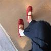 Sheepskin Version! French Beautiful Mary Jane Shoes, Red Light Mouth Bow, One-word Buckle Belt Inner Height-increasing Single Shoes, Wedding Shoes