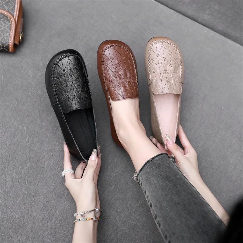 Fashion Luxury Comfortable Walk Shoes Women's Loafers Ballet Flats Elderly Woman Genuine Leather Moccasins Mom Vintage Soft Sole Shoes
