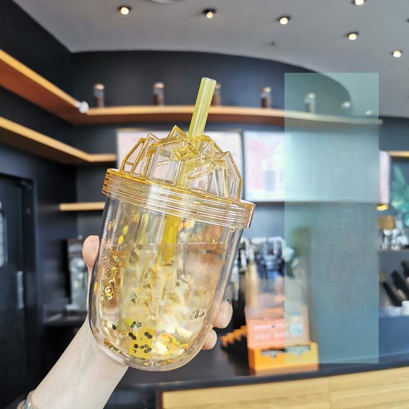 Korean Version of The Large-caliber Straw Milk Tea Cup Large-capacity Double-decker Student Couple Glitter AS Plastic Cups.