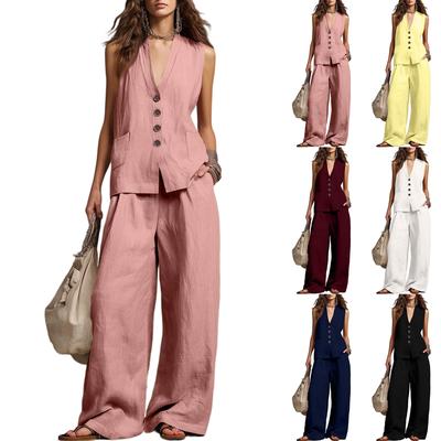Conjunto de dos piezas para mujer: Chaleco sin mangas y Pantalones de pierna ancha, Cierre de botones al frente, Corte holgado, Tejido ligero para el uso diario, la oficina y los viajes