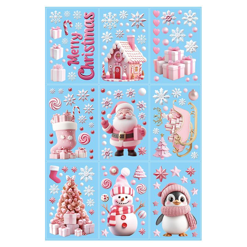 Pink Christmas Wall Stickers Christmas Trees Christmas Wooden Houses Static Stickers Festival Party Decor Glass Stickers