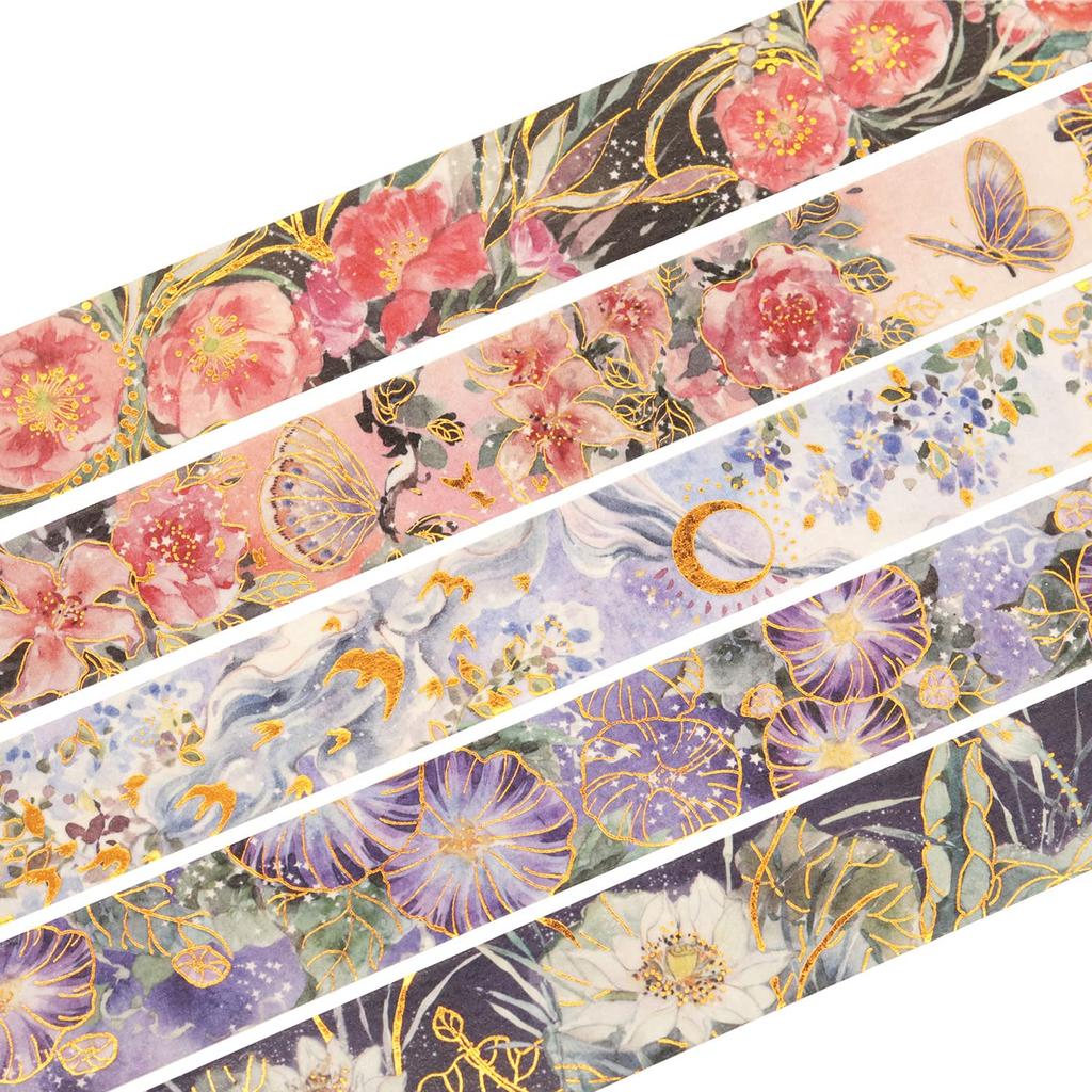 YUBBAEX Full Bloom Flower Masking Luxurious Gold Foil 25mm Wide X 5 Perfect for Gift DIY and Notebook Decorations Tape, Stamp, Rolls, Thin, Wrapping,