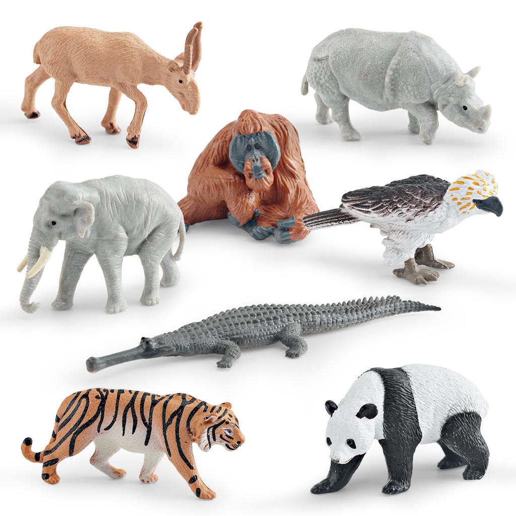 Simulation Asian Animal Model Panda Tiger Orangutan Crocodile Elephant Static Ornament 8-Piece Set