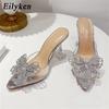 Fashion Eilyken Fashion Style Crystal Bowknot Women Slippers Sexy Pointed Toe Strange Heels PVC Transparent Pumps Sandals Slides Shoes