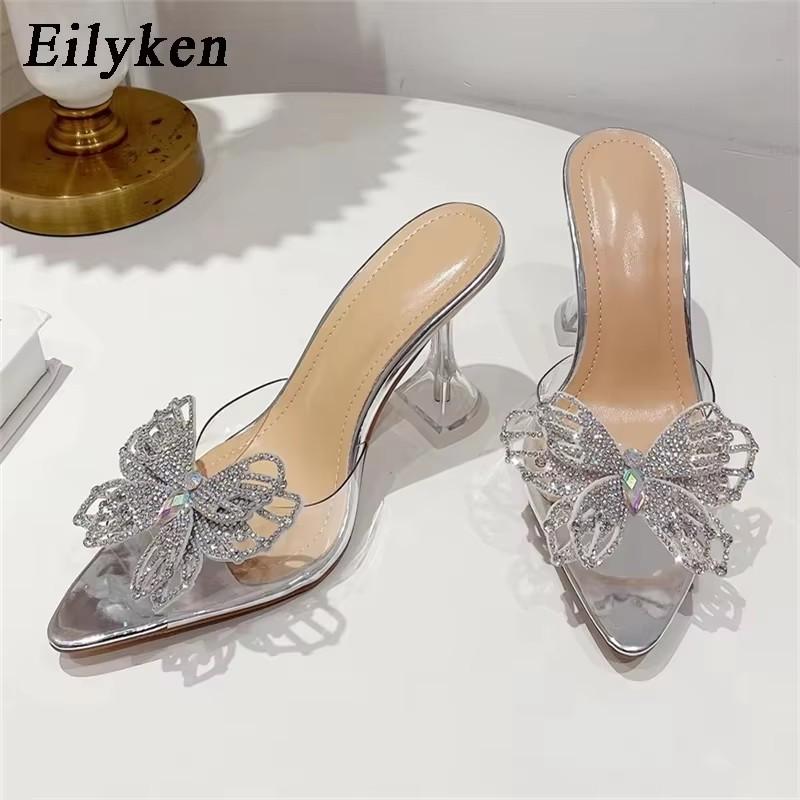 Fashion Eilyken Fashion Style Crystal Bowknot Women Slippers Sexy Pointed Toe Strange Heels PVC Transparent Pumps Sandals Slides Shoes