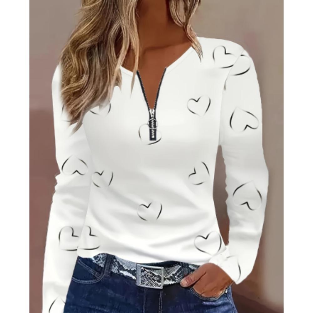 Autumn Zipper V Neck Long Sleeve Print Casual Top Women's Shirt Fashion Loose Blouses And Tops Female