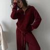 Womens Oversized Knit Set Soft Faux Fur Texture Solid Color Half-Zip Sweater Straight Leg Pants Winter Outfit