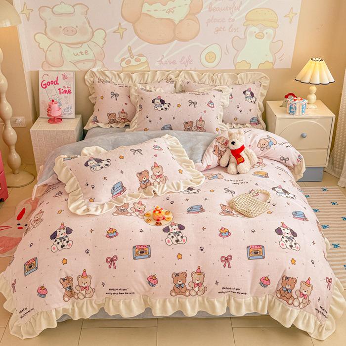 Floral Cartoon Milk Velvet and Lambswool Blanket Set - Thickened, Multifunctional Sofa Cover.