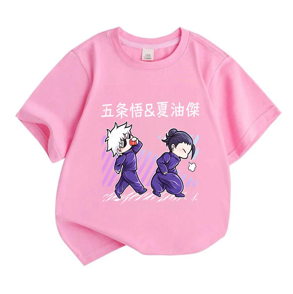 Kids Boys Girls 100% Cotton Crew Neck Short Sleeve T-Shirt, Cute Jujutsu Kaisen Chibi Gojo Satoru Geto Suguru Print Casual Soft Tee for Daily Wear Sum