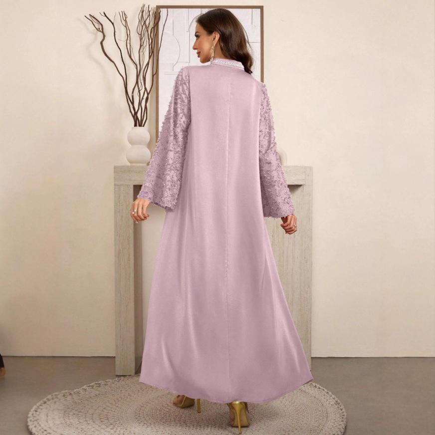 Lavender Pearl Decorated V-Neck Bell Sleeve Lace Detail Long Dress