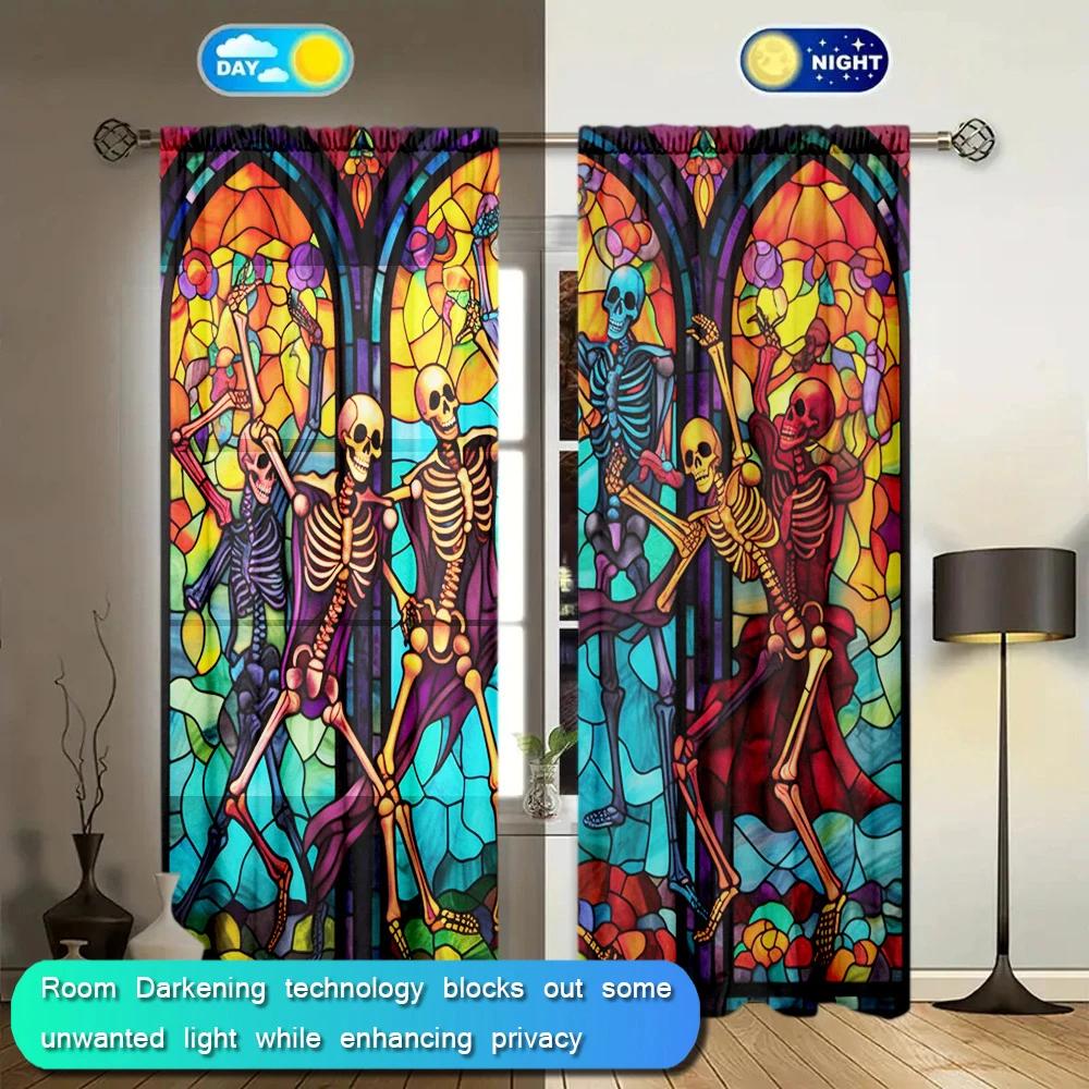 2pcs 3D Stained Glass Skeleton Man Landscape Curtain - Add a Touch of Halloween to Your Home Decor
