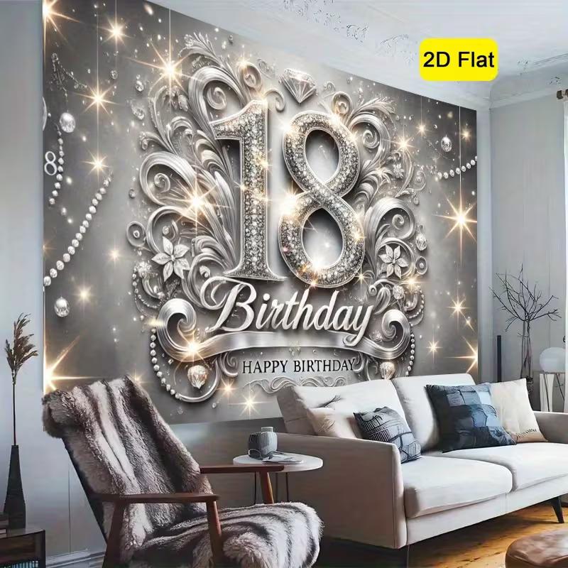 2D Silver Diamond 18th Happy Birthday Backdrop Photography Background