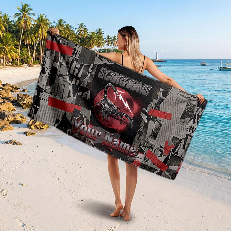 Scorpions Customized Name Text Beach Towel, Soft Absorbent Towel Beach Pool Travel Personal Gift