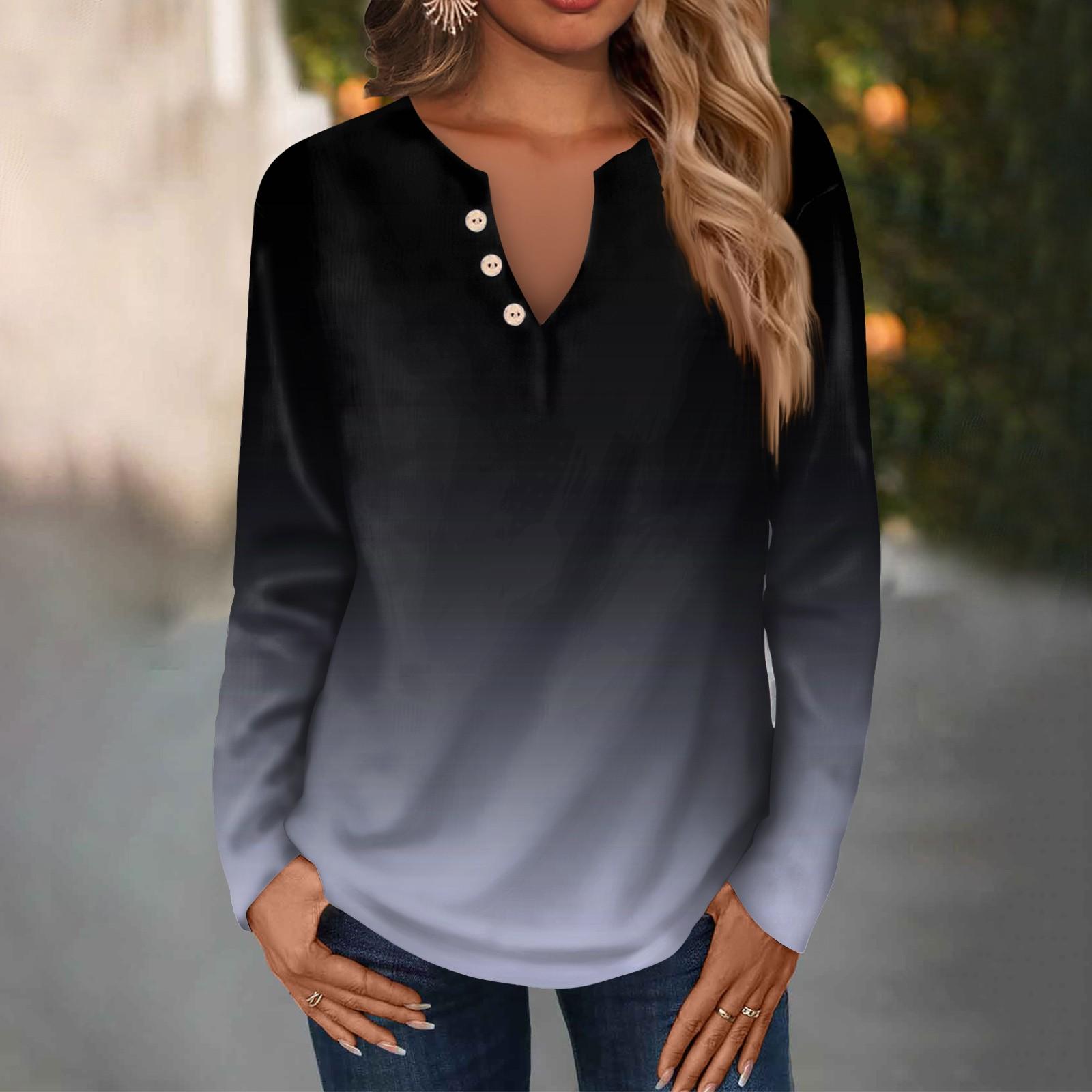 Женская модная повседневная свободная футболка с v-образным вырезом и длинным рукавом — фото 5