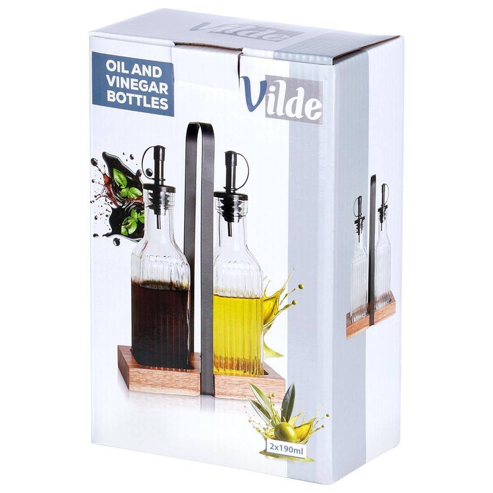 Bouteille en verre pour huile et vinaigre avec support 2x 190 ml 3 pièces.