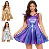 Damen Disco Rave Kleid Asymmetrisch Metallisch Glänzend Ein Schulter Flatterärmel V-Ausschnitt Rückenfrei A-Linie Mini Clubwear