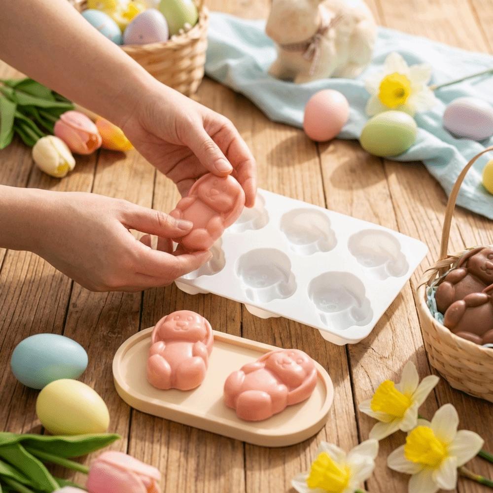 DIY Project 6-Cavity Easter Bunny Mold Rabbit Shape Reusable Mousse Cake Mold Non-Stick Flexible Chocolate Mold Soap Making