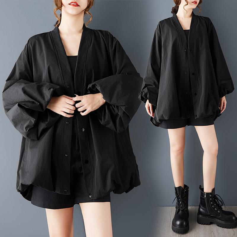 

DIMANAF 2025 Великий розмір Осінь Зима Жіночий Тренч Куртка з довгим рукавом Повсякденний Вільний Верхній одяг на ґудзиках Чорний one size чорний