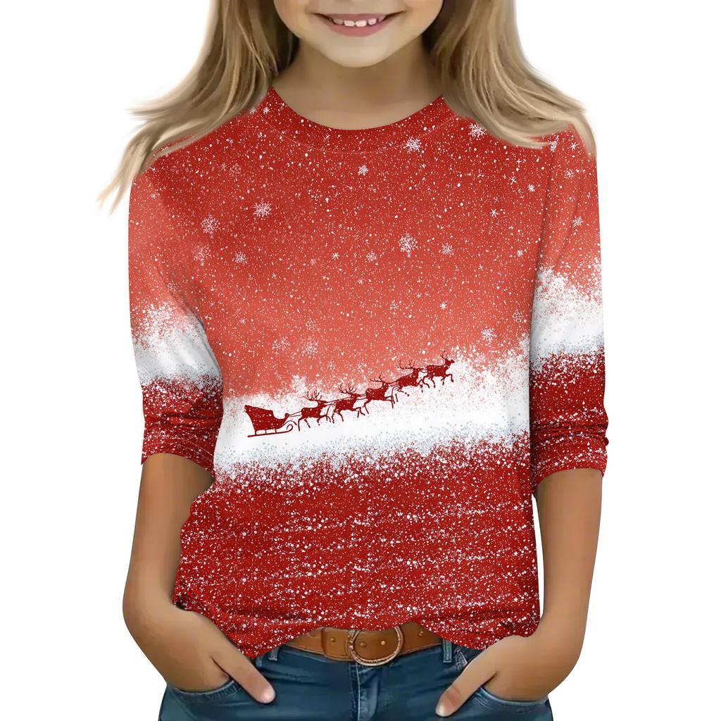 Christmas Day Print Tops For Youth Girls 4-11 Years Round Neck 3/4 Sleeves T-Shirts Trendy Tops Outfit Tees