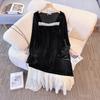 Plus-size Women's Fitted Black Velvet Dress with Retro Spliced Net Fabric. Spring/autumn Style.