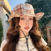 New Retro Plaid Fisherman Hat Woman's Spring And Summer Sunshade Sunscreen Basin Caps Versatile Star Embroidered Large Eave Hats