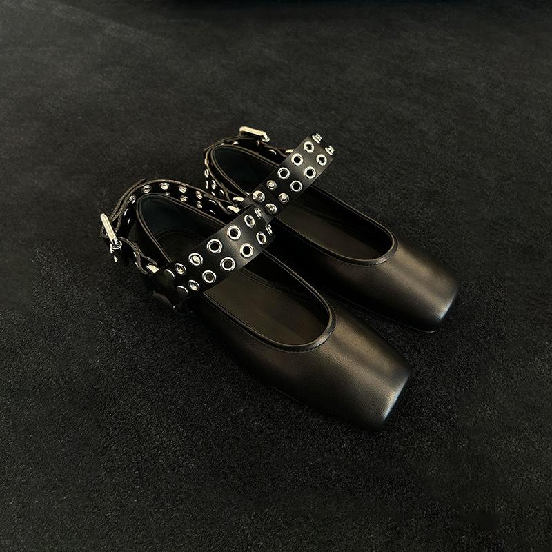 Leather Rivet Belt Buckle Square Head Shallow Mouth Flat Bottom Ballet Shoes Women's 2025 Spring Small Leather Shoes Mary Jane Single Shoes