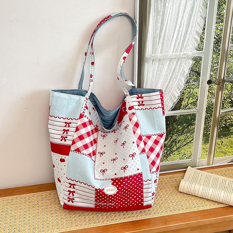 Contrasting Color Canvas Bag Women's Large-capacity New Summer Versatile Shoulder Bag College Student Class Tote Bag