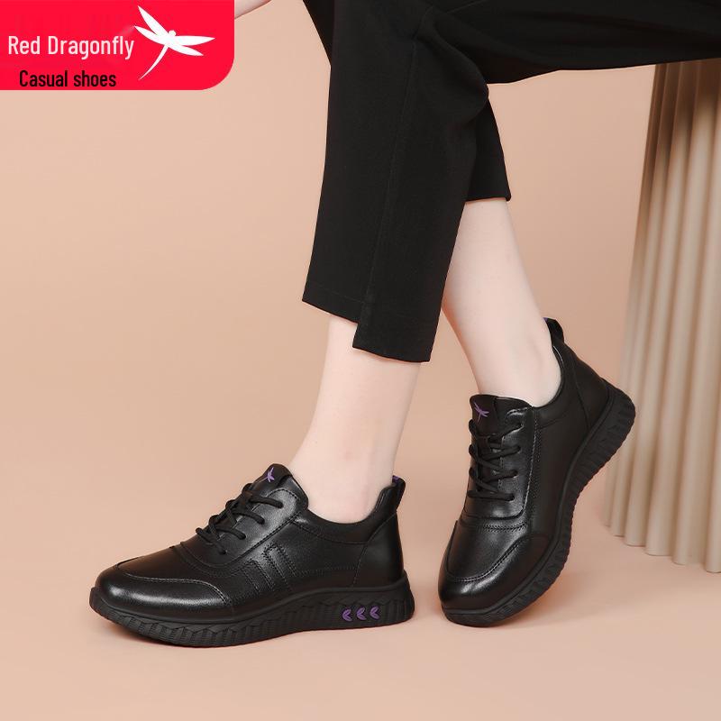 Red Dragonfly Women's Leather Athletic Shoes - Autumn/Winter Casual Warm Velvet for Elderly Mothers