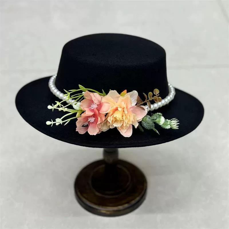 Dark Brown Faux Floral Felt Hat Wedding Hat Women'S Jazz Hat Panama French Elegant Felt Hat Somprero Mujer Chapeau Femme Luxe