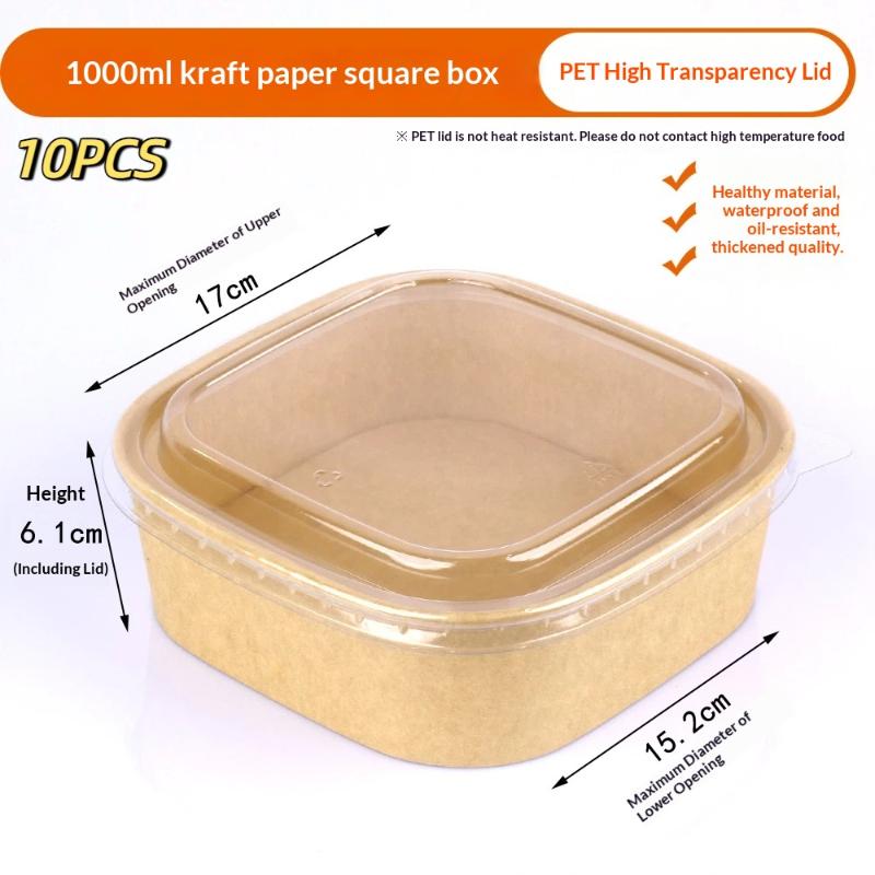 10Pcs Disposable Lunch Box Kraft Paper Square Lunch Box Fast Food Packing Boxes Paper Bowls With Lid Household Bento Boxes