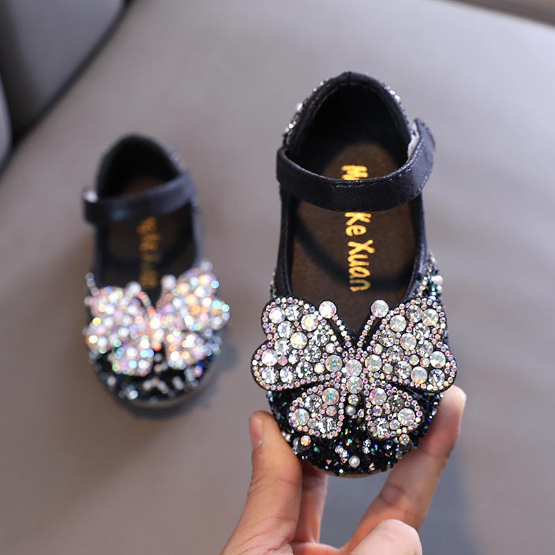 2025 Spring/Summer Korean Style Girls' Rhinestone Bow Princess Dance Leather Shoes
