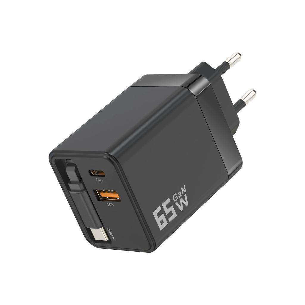 65W GaN Wall Travel Charger Adapter Mini EU Pin Plug Retractable Cable OTP Compatible PD 3.0 QC3.0 for Macbook Mobile Phone