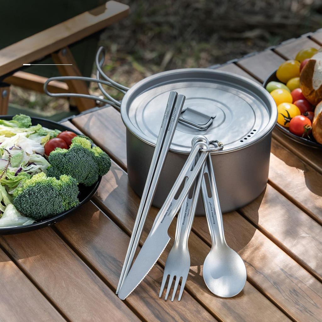 Boundless Voyage Titan Besteckset mit Messer und Karabiner Langlebig und Titan Outdoor Camping Besteck Camping Aufbewahrungstasche inklusive Besteck