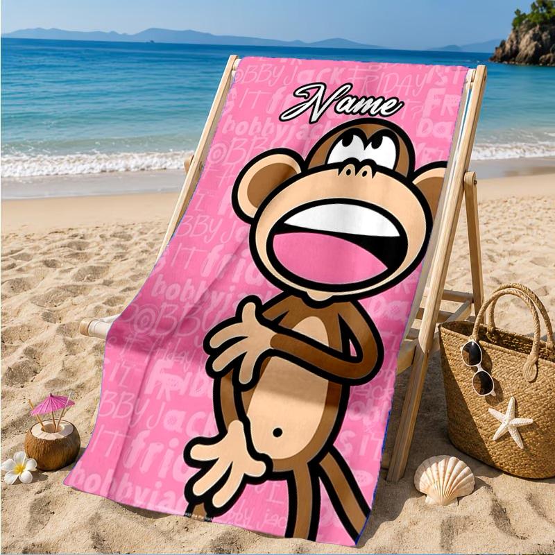 Custom Name Monkey Art Bobby Heart In Space Adventure Microfiber Beach Towel, Lightweight for Summer Travel, Swimming Pool Fan Gift