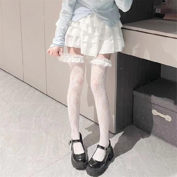 Thigh Highs Stockings with Ruffle Trim Women Flower Lace Fishnet Over Knee Socks