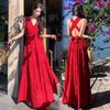 Seaside desert vacation red neck dress women Sanya travel wear photo sexy backless split skirt