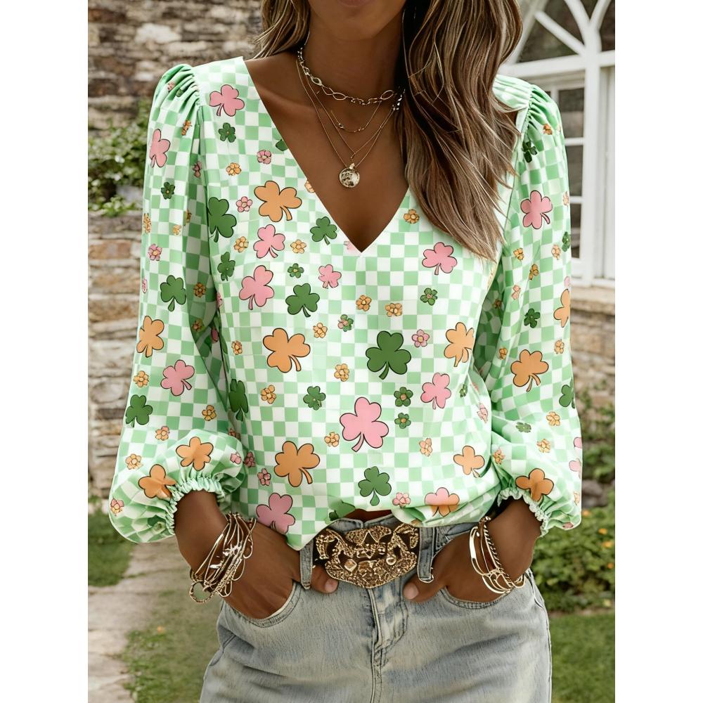 

V-necked lantern-sleeve design women s long-sleeved top, lucky three-leaf clover print loose and slimming long-sleeved top XXL зелений