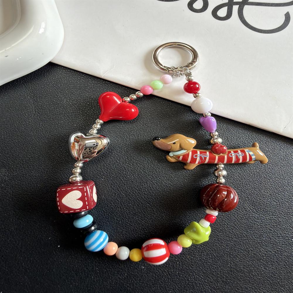 Small Novelty Red Striped Dog Phone Lanyard With Colorful Beads And Flower Design For Kids And Adults