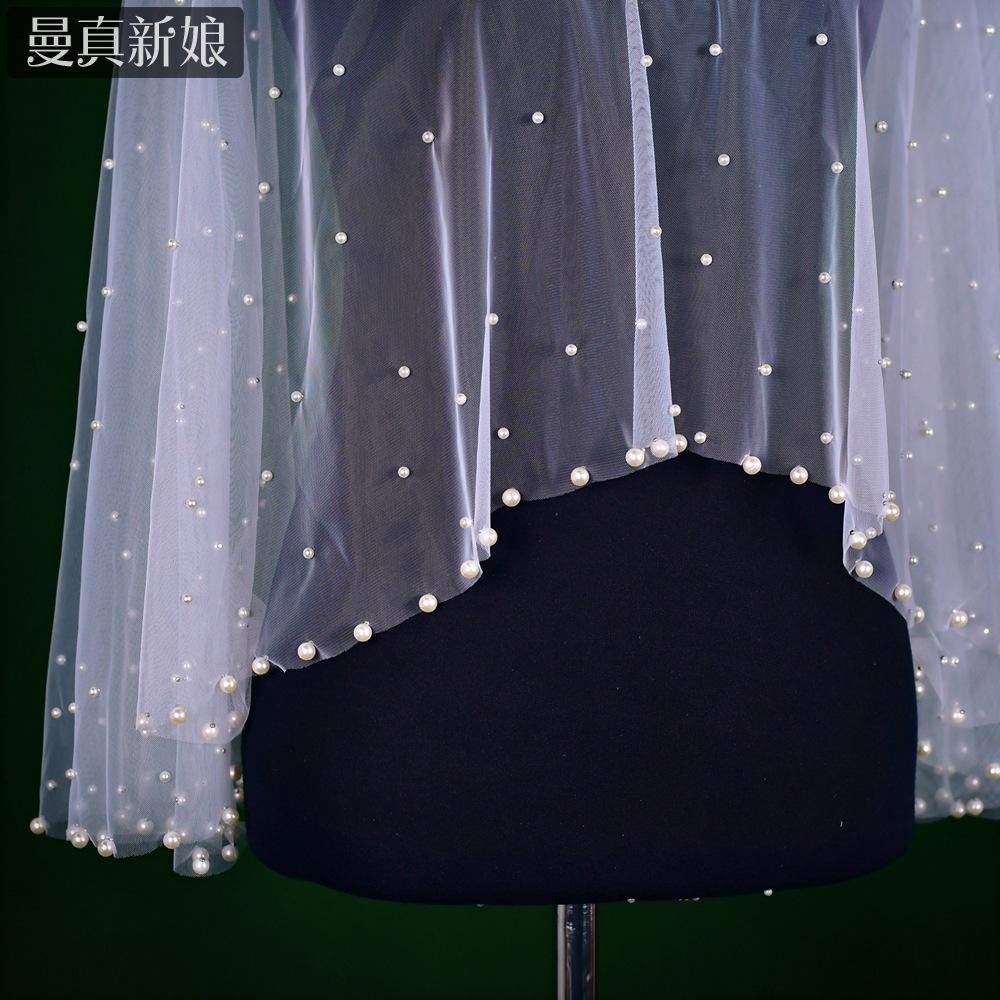 Scattered Mixed Pearl Sheer Tulle Bridal Cape Short Shoulder Wrap Round Neck Cover Up For Backless Mermaid Wedding Gown Elopement Photoshoot