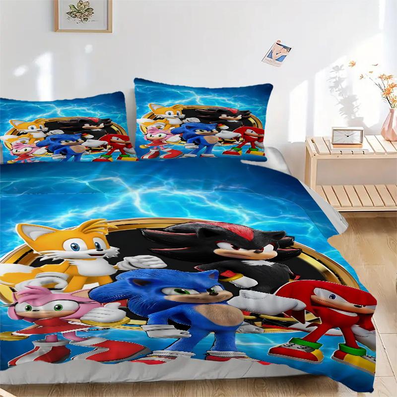 

3 шт. Комплект постельного белья Соник ёж для дома-Универсальный трехсекционный комплект для спальни, гостевой комнаты, гостиной, отеля-Идеальный подарок для фанатов, Путешествия 135x200cm