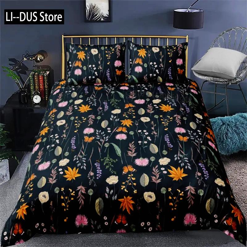 Vibrant Botanical Floral Duvet Cover Twin Size Lotus Flower Leaves Bedding Set Soft Tropical Tree Quilt Cover with Pillowcases