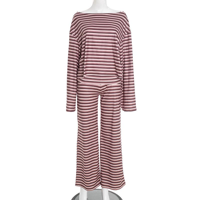 Striped One-Shoulder Long Sleeve T-shirt & Pants Set, European & American Style. Small