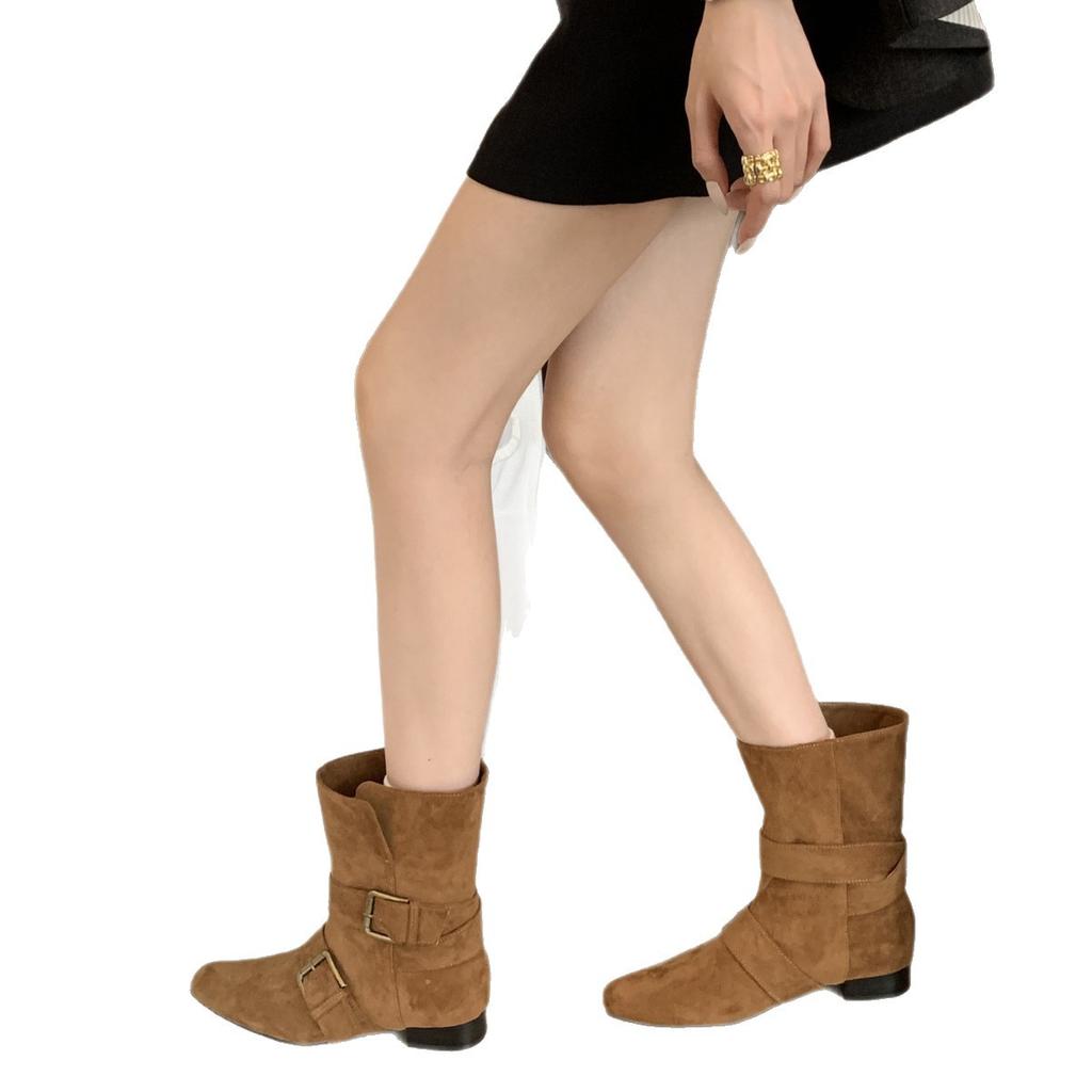 Cowhide Version~ Retro French Thick Heel Short Boots Women's Boots 2025 New Korean Version Medium Tube Boots Small Square Head Western Boots