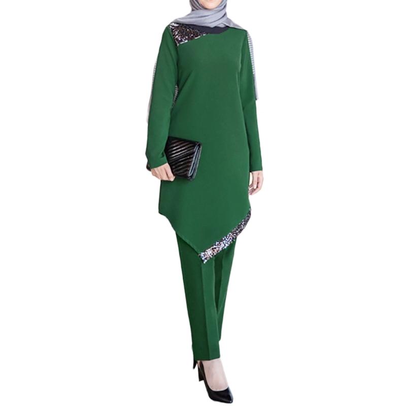 Muslim Arab Split Two Piece Set Tops & Pants Simple Ramadan Moroccan Islamic Middle East Clothing Dress Set for Women